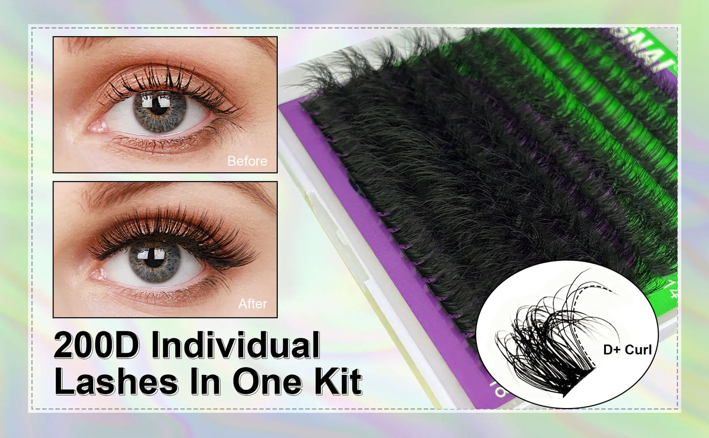 200D Volume Eyelash 14-20mm Wispy Individual Lashes D Curl Eyelash Fluffy Thick Cluster