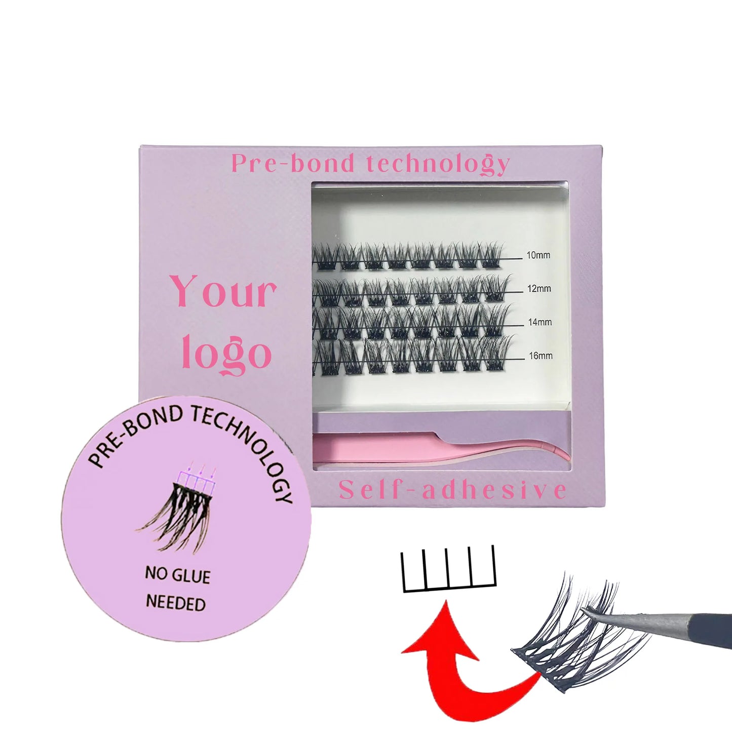 Pre-glued self adhesive cluster lash set