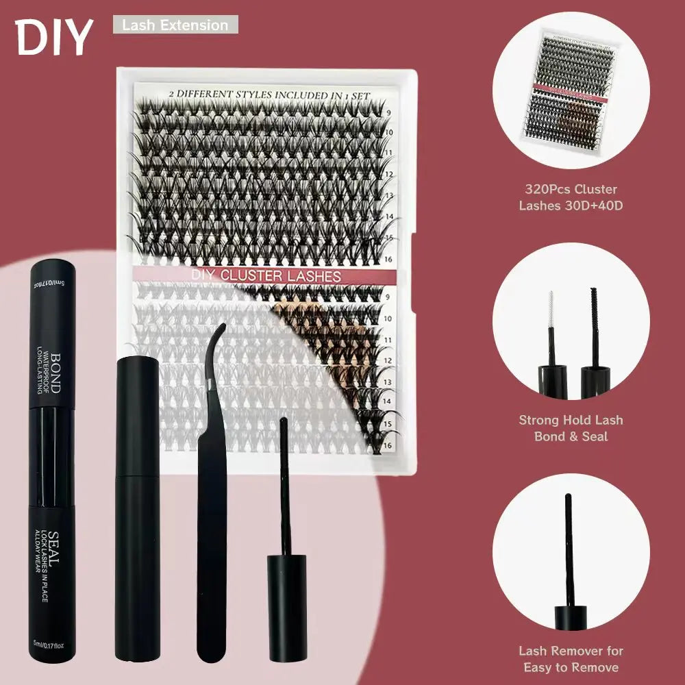 320pcs 30D 40D Individual DIY Eyelash Extension Kit long lasting 7-10 days cluster lashes set
