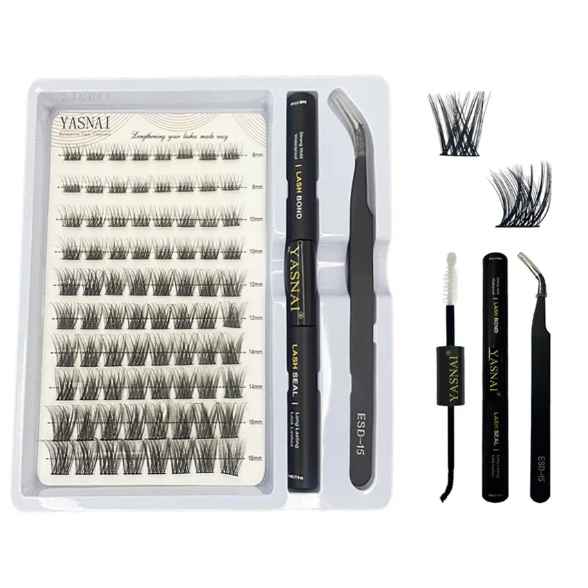 Private Label Free Design Wholesale Pre-cut Segmented Eyelash Kit Seal Bond and Tweezers Lashes Cluster Home Lashes
