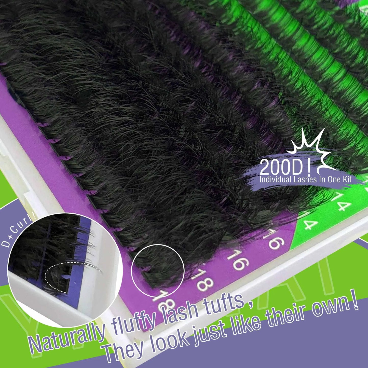 200D Volume Eyelash 14-20mm Wispy Individual Lashes D Curl Eyelash Fluffy Thick Cluster