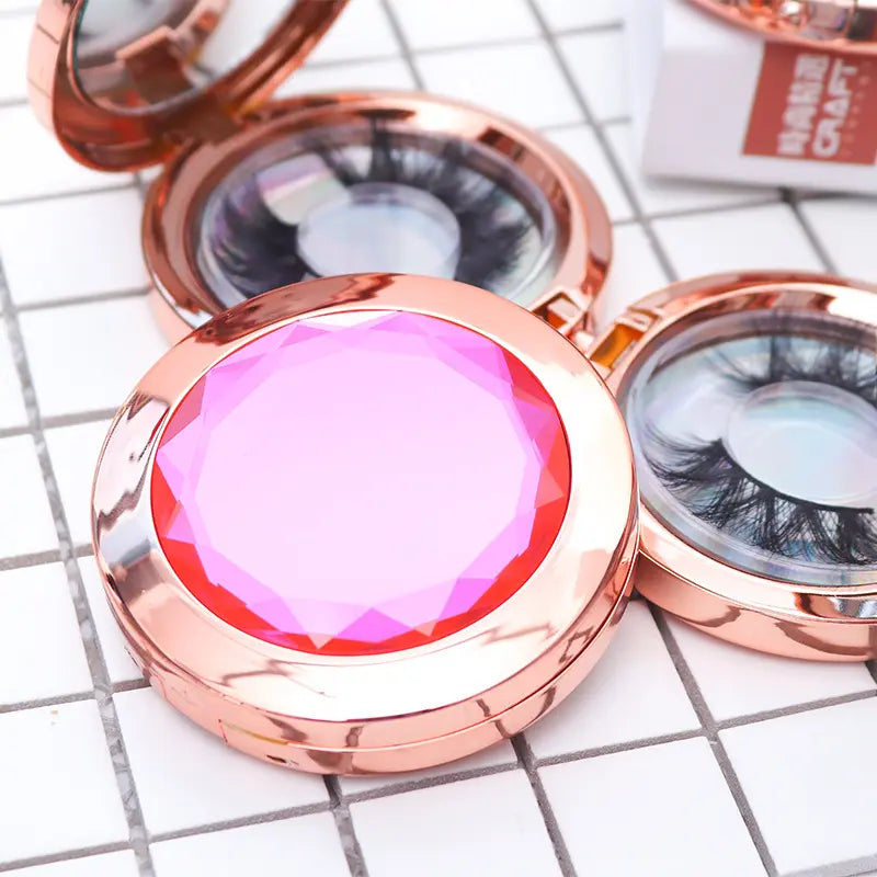 Top Grade Round Lash Holder Mirror Rose Gold Diamond Lash Circular Boxes Mirror Metal Crystal Lash Boxes Package