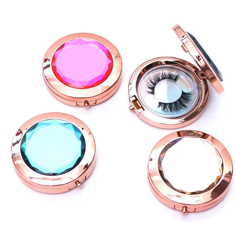 Top Grade Round Lash Holder Mirror Rose Gold Diamond Lash Circular Boxes Mirror Metal Crystal Lash Boxes Package