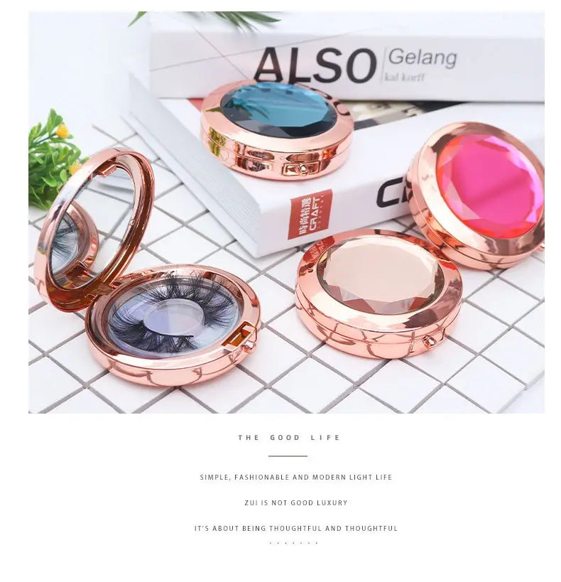 Top Grade Round Lash Holder Mirror Rose Gold Diamond Lash Circular Boxes Mirror Metal Crystal Lash Boxes Package