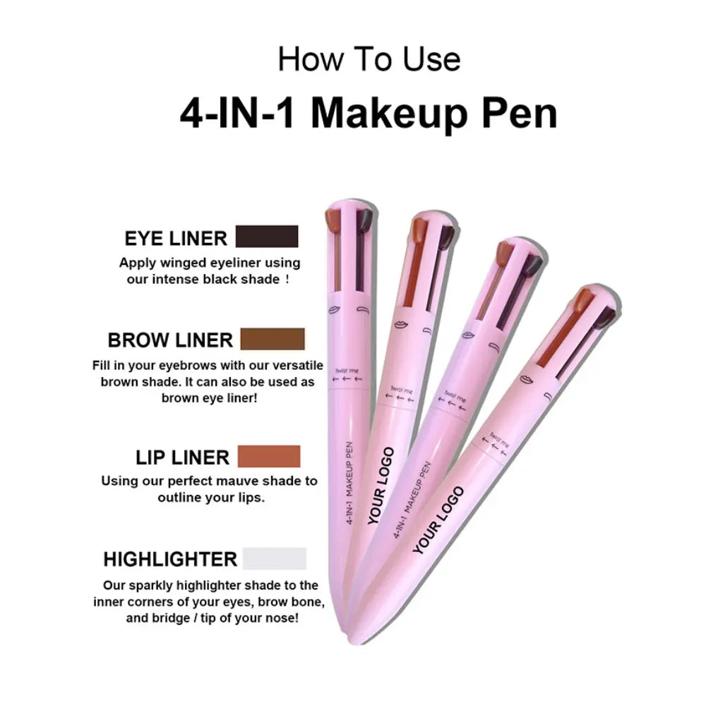 Wholesale Private Label 4-in-1 Makeup Pen (Eye Liner , Brow Liner, Lip Liner Highlighter Pen) Travel Makeup Pencil