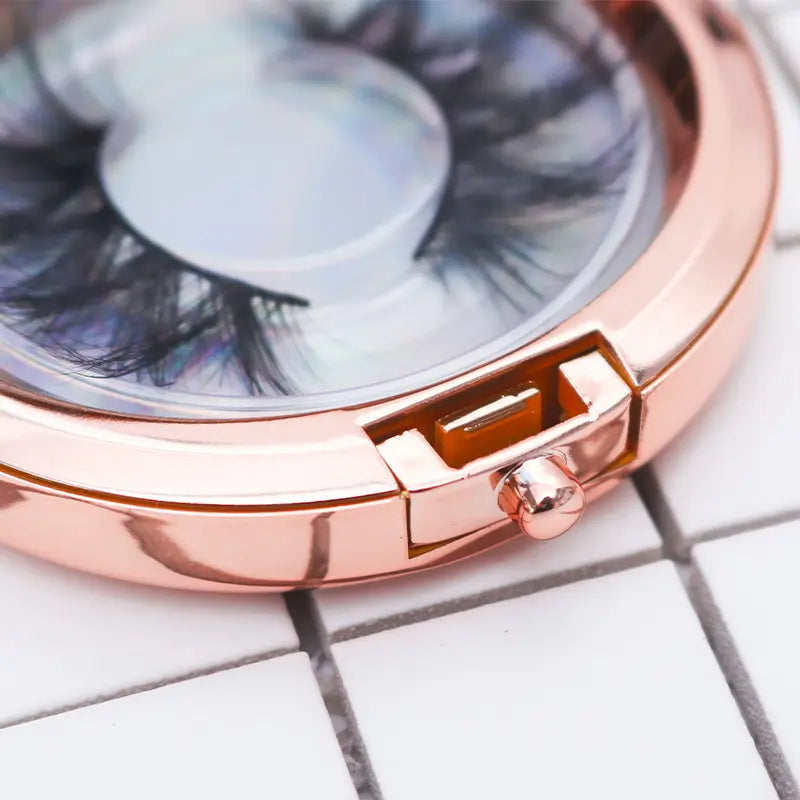 Top Grade Round Lash Holder Mirror Rose Gold Diamond Lash Circular Boxes Mirror Metal Crystal Lash Boxes Package