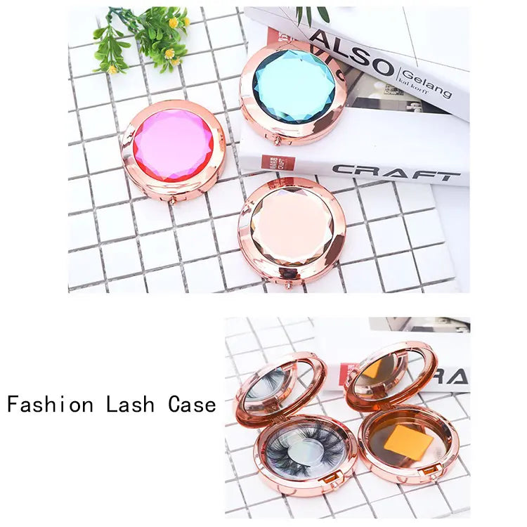 Top Grade Round Lash Holder Mirror Rose Gold Diamond Lash Circular Boxes Mirror Metal Crystal Lash Boxes Package
