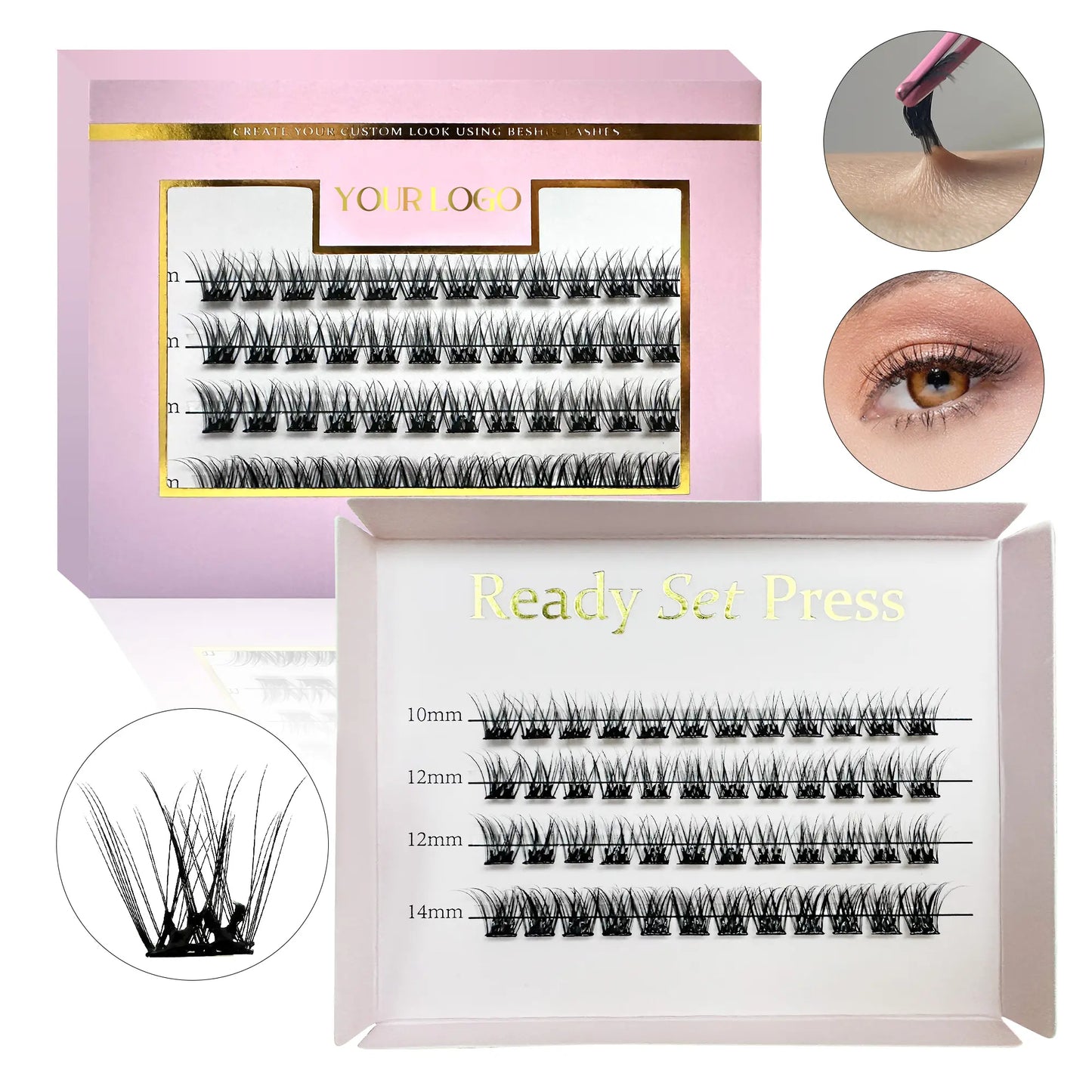 Press-On Self-Adhesive Eyelashes Lip Gloss Nail Glue Segment with W Band Pre-Bond Technology Cluster Lashes Model