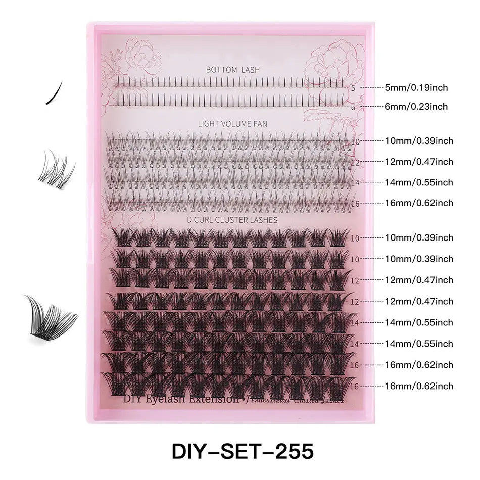 High Quality Handmade DIY Lash Clusters Kit Synthetic Hair Natural Volume Style Bottoms Spikes Lash Tray Bond Seal Eyelash Glue