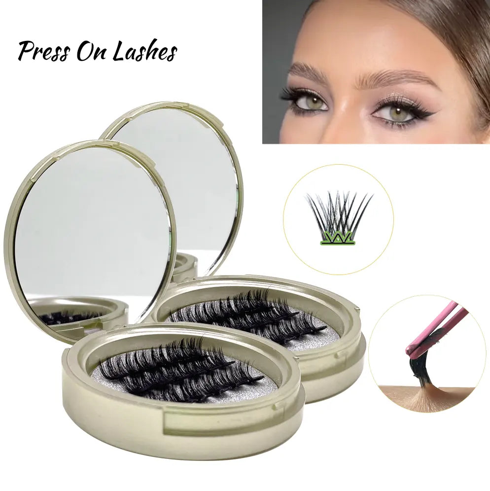 Press on Lashes One Step Easy to Apply and Carry With Mirror Pre Cut Cluster Fluffy Individual No Glue Cluster Eyelashes