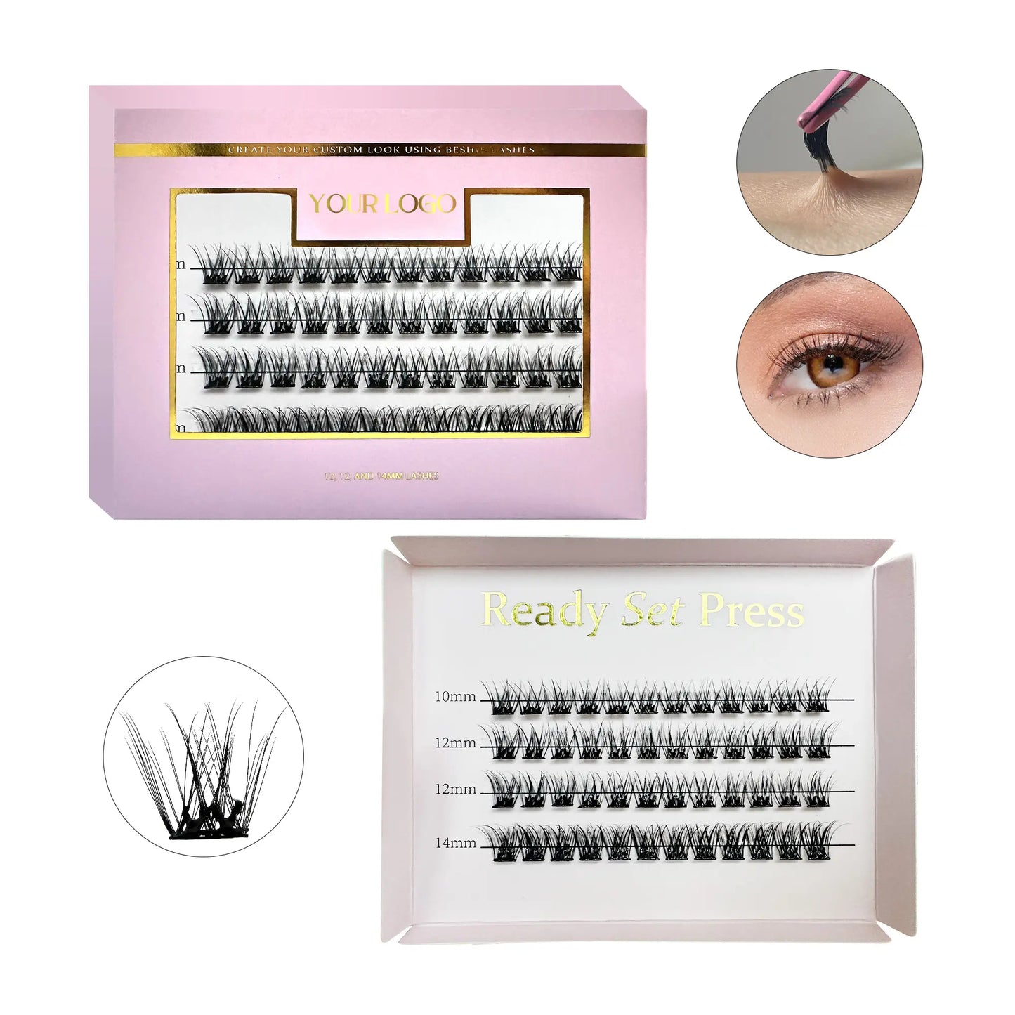 Press-On Glueless Handmade Luxury Eyelashes DD CC Lip Gloss Nail Glue Segment W Band Pre-Bond Technology Cluster Lashes Model