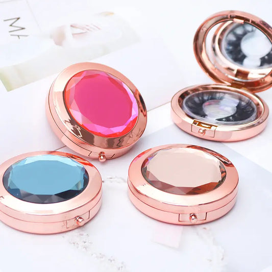 Top Grade Round Lash Holder Mirror Rose Gold Diamond Lash Circular Boxes Mirror Metal Crystal Lash Boxes Package