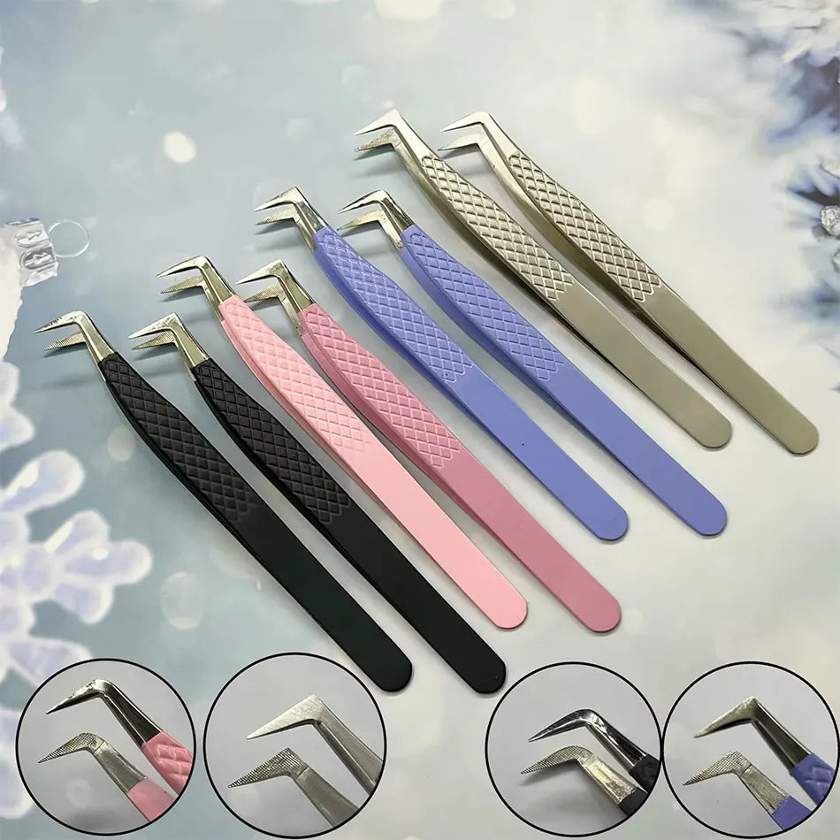Stainless Steel Professional Luxury Fiber Tip Lash Tweezers 90 Degree Durable with Custom Logo and Packaging