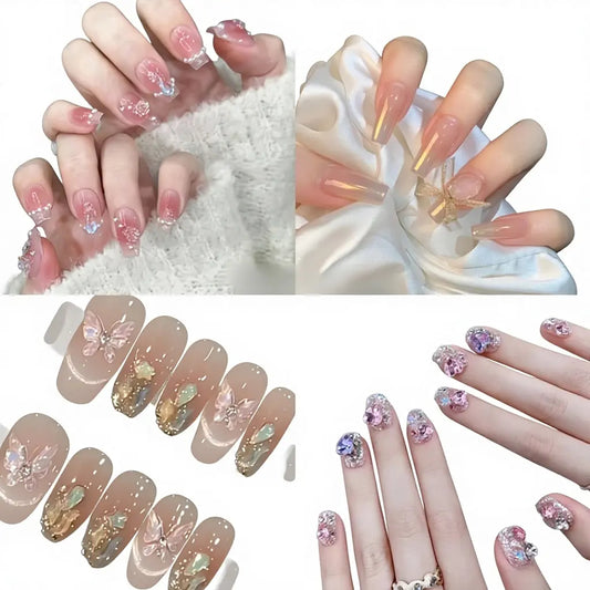 SP51-100 10 Pieces Light Therapy Handmade Wearable Finger Press Nails Crystal Stone Butterfly Moon Pattern Cat Eye Blush Finish