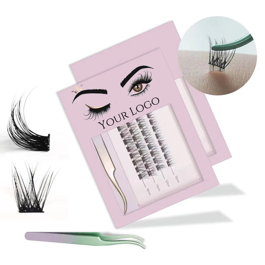 Pre-glued self adhesive cluster lash set