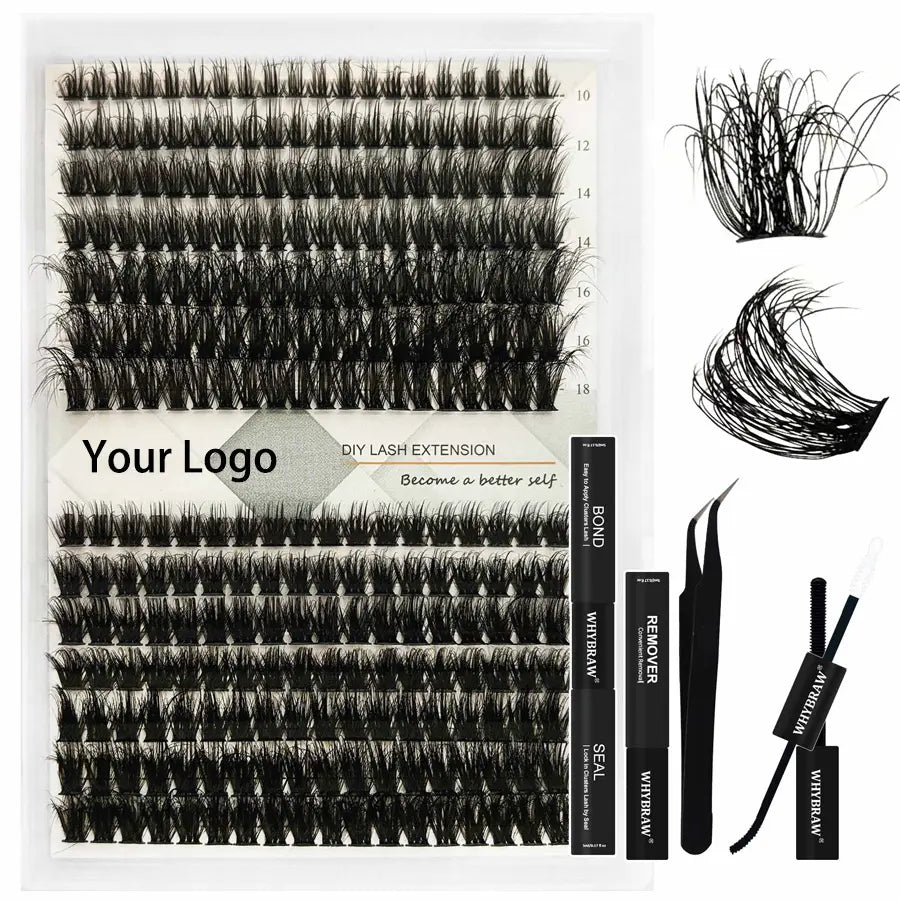 200D Volume 10-18mm Curly Fluffy Lashes Cluster Wholesale Fluffy Thick Eyelash Extension Kit