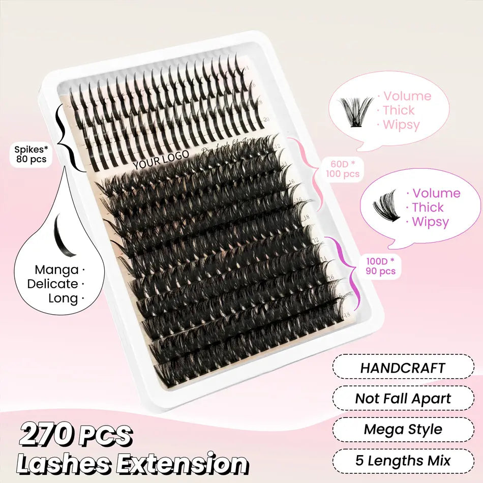100D Thick for Spikes Synthetic Hair Anime Style High Lightweight Volume Mega Individual Lashes Clusters Lasting 7-10 Days