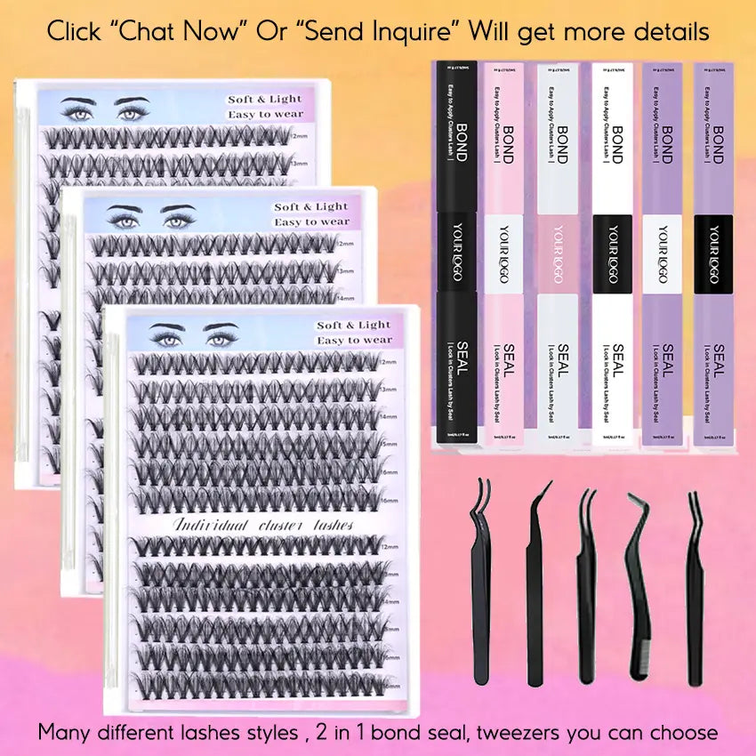 Hot Selling Handmade 30D 40D 50D CC for Cluster Lashes Natural Wispy Eyelashes Cluster Kit Bond Seal Wholesale DIY Lashes Kit