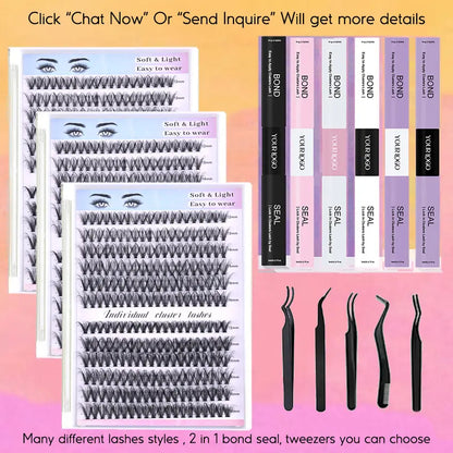 Hot Selling Handmade 30D 40D 50D CC for Cluster Lashes Natural Wispy Eyelashes Cluster Kit Bond Seal Wholesale DIY Lashes Kit