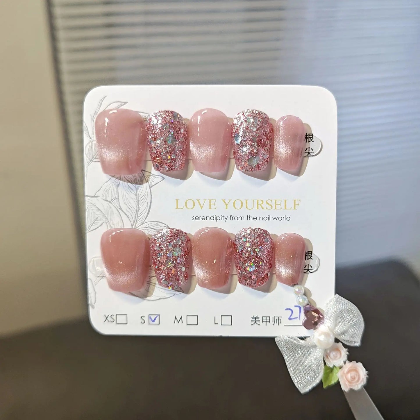 SP-233 French Pink Glitter 10 Pieces Press on Wearable Finger Nails Cat Eye Human Peach Whitening Nail Tips Wholesale