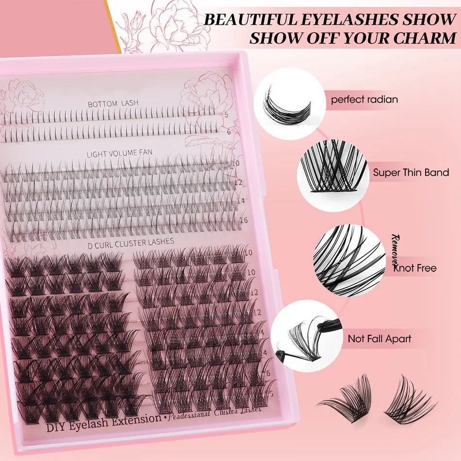 High Quality Handmade DIY Lash Clusters Kit Synthetic Hair Natural Volume Style Bottoms Spikes Lash Tray Bond Seal Eyelash Glue