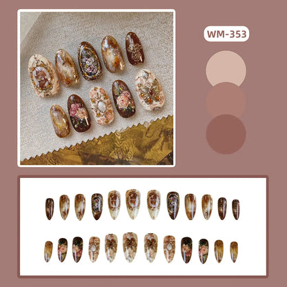 WM-353 Ins Amber Rose False Nails Medium Almond Press Nails Finger Autumn/Winter Elegant Vignetting Atmosphere White 24 Pieces