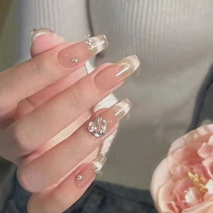 SP51-100 10 Pieces Light Therapy Handmade Wearable Finger Press Nails Crystal Stone Butterfly Moon Pattern Cat Eye Blush Finish