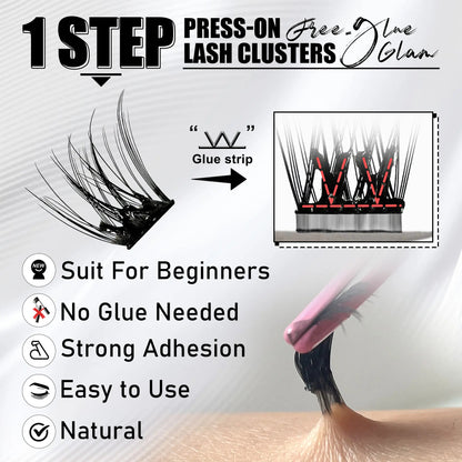 Press-On Self-Adhesive Eyelashes Lip Gloss Nail Glue Segment with W Band Pre-Bond Technology Cluster Lashes Model