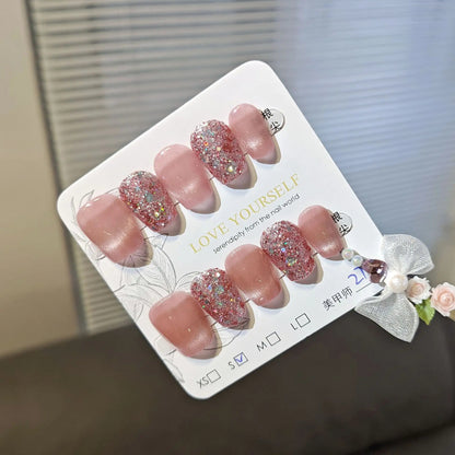 SP-233 French Pink Glitter 10 Pieces Press on Wearable Finger Nails Cat Eye Human Peach Whitening Nail Tips Wholesale