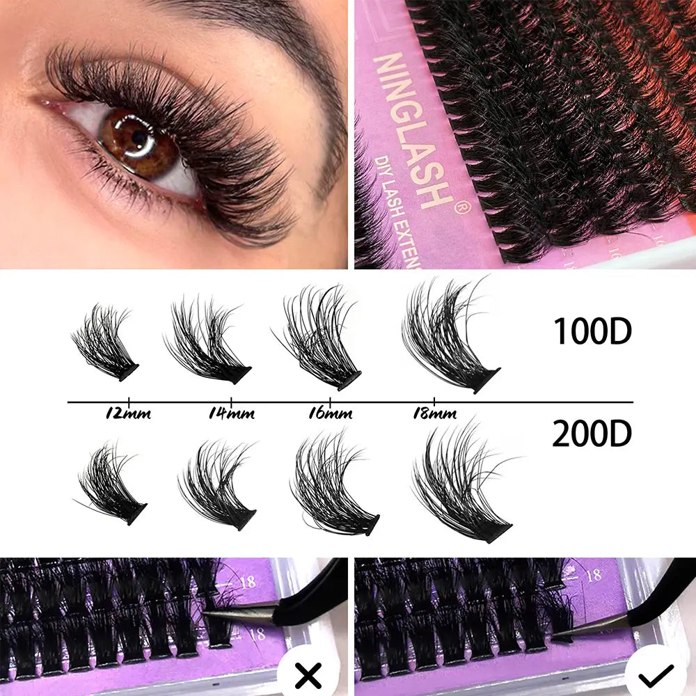 2024 200D Fluffy Lash Cluster Kit Thick Eyelash Individual Lash Extension Kit Volume 80D Fluffy Clusters Eyelashes Kit