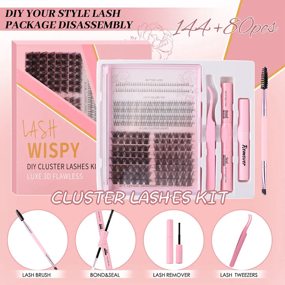 High Quality Handmade DIY Lash Clusters Kit Synthetic Hair Natural Volume Style Bottoms Spikes Lash Tray Bond Seal Eyelash Glue