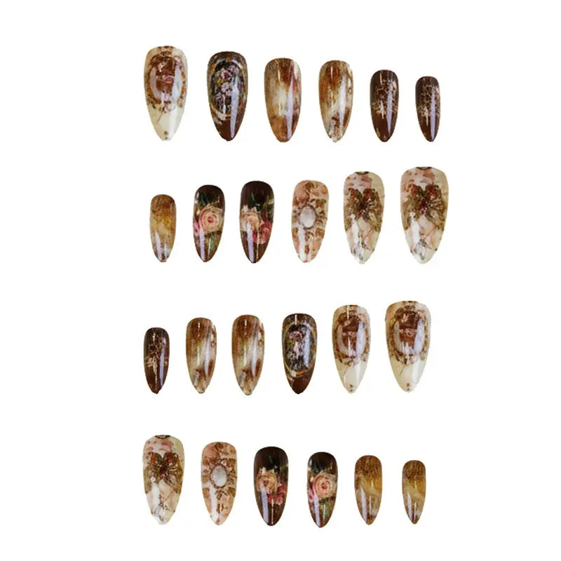 WM-353 Ins Amber Rose False Nails Medium Almond Press Nails Finger Autumn/Winter Elegant Vignetting Atmosphere White 24 Pieces