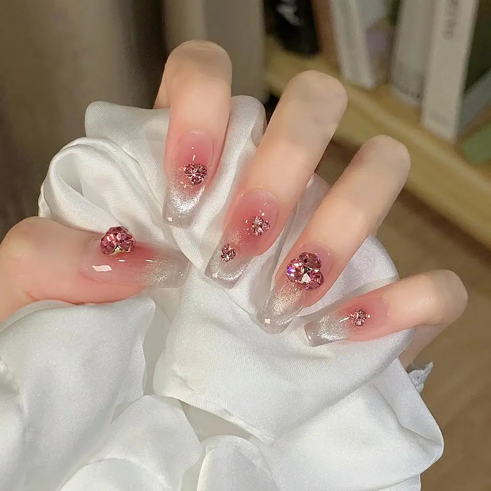 SP51-100 10 Pieces Light Therapy Handmade Wearable Finger Press Nails Crystal Stone Butterfly Moon Pattern Cat Eye Blush Finish