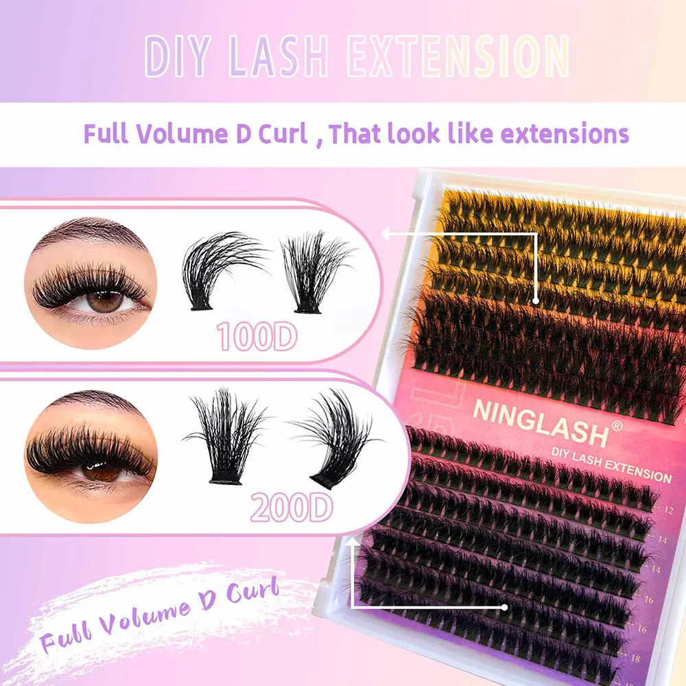 2024 200D Fluffy Lash Cluster Kit Thick Eyelash Individual Lash Extension Kit Volume 80D Fluffy Clusters Eyelashes Kit