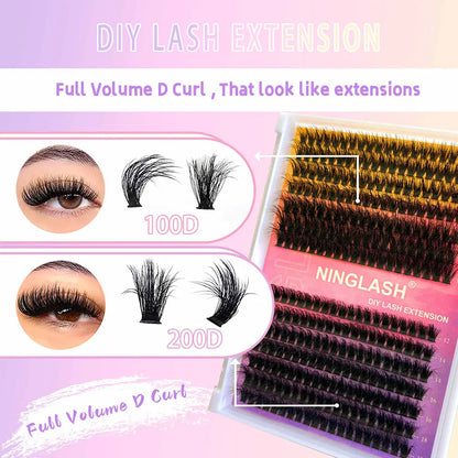 2024 200D Fluffy Lash Cluster Kit Thick Eyelash Individual Lash Extension Kit Volume 80D Fluffy Clusters Eyelashes Kit