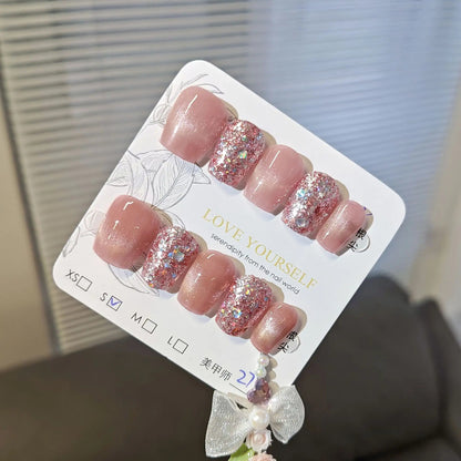 SP-233 French Pink Glitter 10 Pieces Press on Wearable Finger Nails Cat Eye Human Peach Whitening Nail Tips Wholesale