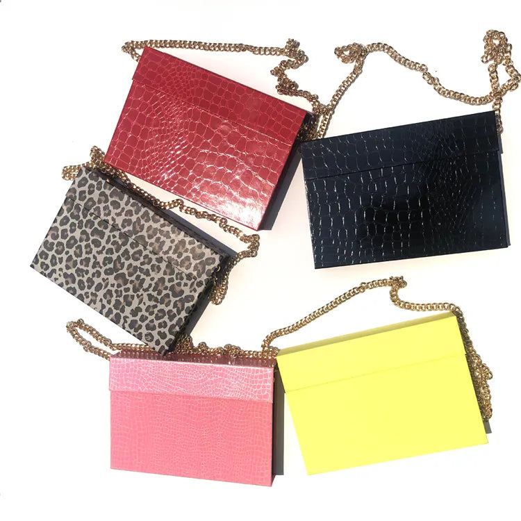 New Product Leopard Print Big Yellow False Lash Purse Bag With Chain Clamshellred Black Box Lash Paper Bags