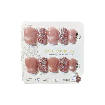 SP-233 French Pink Glitter 10 Pieces Press on Wearable Finger Nails Cat Eye Human Peach Whitening Nail Tips Wholesale