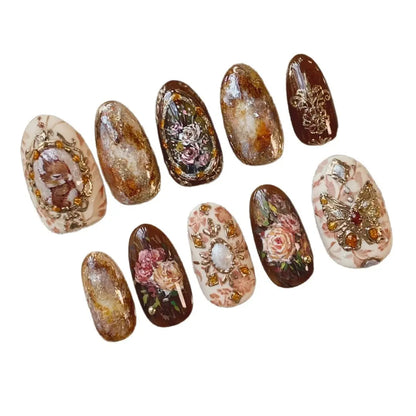 WM-353 Ins Amber Rose False Nails Medium Almond Press Nails Finger Autumn/Winter Elegant Vignetting Atmosphere White 24 Pieces