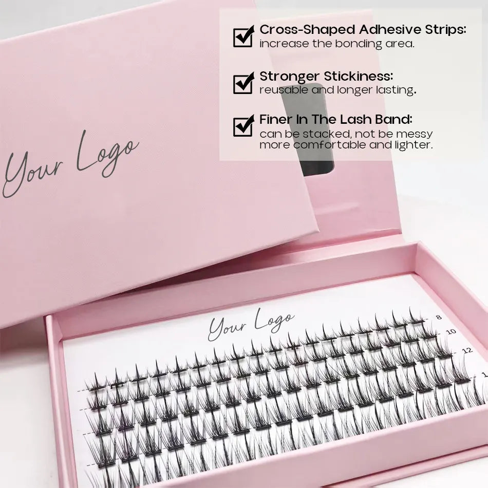 Customize Premium Natural Cluster Lashes Glue Water Strong Hold Proof Pre-glued Self Adhesive Cluster Lashes