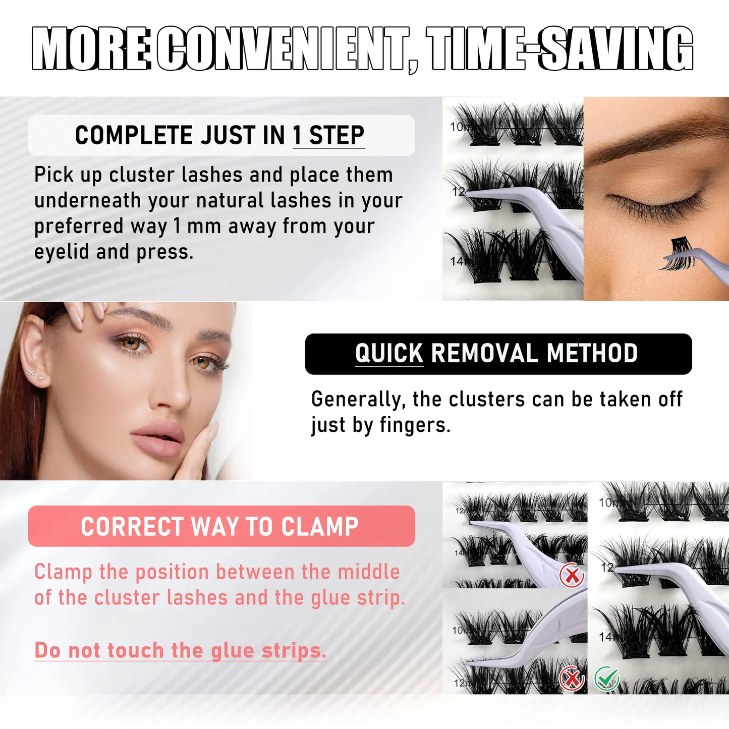Press-On Self-Adhesive Eyelashes Lip Gloss Nail Glue Segment with W Band Pre-Bond Technology Cluster Lashes Model