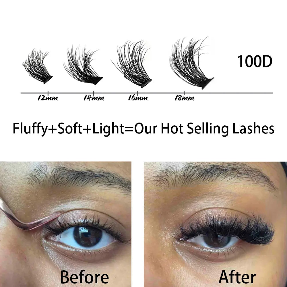 Private Label 100D Fluffy Lashes C D Curl Segment Eyelashes DIY Lash Kit Superfine Band Fluffy Lashes Wholesale
