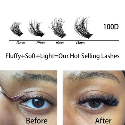 Private Label 100D Fluffy Lashes C D Curl Segment Eyelashes DIY Lash Kit Superfine Band Fluffy Lashes Wholesale