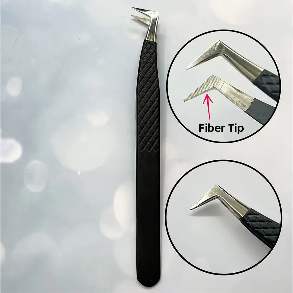 Stainless Steel Professional Luxury Fiber Tip Lash Tweezers 90 Degree Durable with Custom Logo and Packaging