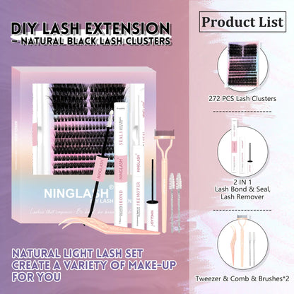 2025 80D Waterproof Full Lash Look Individual Lashes Cluster Kit 272pcs Thick Faux Cat Eye Mink DIY Lash Extension Kit