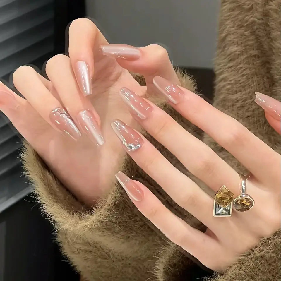 SP51-100 10 Pieces Light Therapy Handmade Wearable Finger Press Nails Crystal Stone Butterfly Moon Pattern Cat Eye Blush Finish