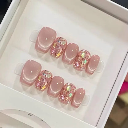 SP-233 French Pink Glitter 10 Pieces Press on Wearable Finger Nails Cat Eye Human Peach Whitening Nail Tips Wholesale
