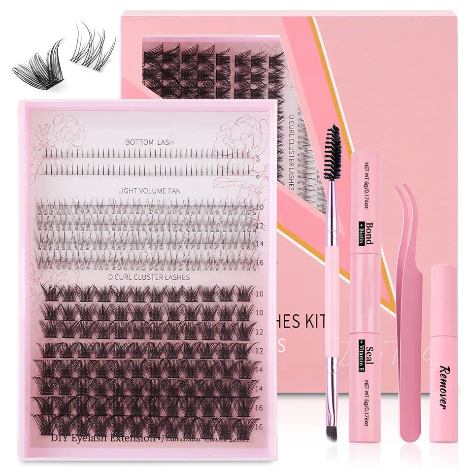 High Quality Handmade DIY Lash Clusters Kit Synthetic Hair Natural Volume Style Bottoms Spikes Lash Tray Bond Seal Eyelash Glue